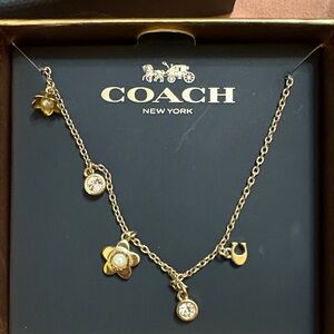 Coach Gold Floral Charm Necklace with Crystal Accents